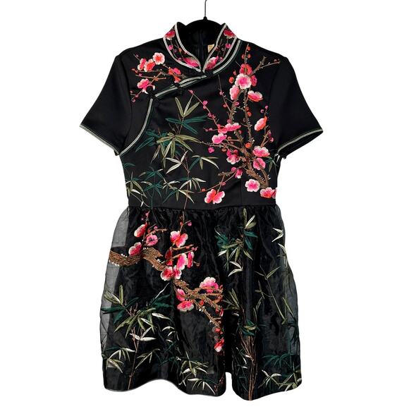 Anthropologie M Anna Teng EMBROIDERED Floral Stretch Silk Mini Dress Fit&Flare - Picture 1 of 7